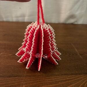 Vtg Homemade‎ Plastic Canvas Bell Christmas Ornament Red And White  3"